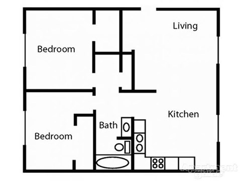 Floor plan for 2 beds, 1 bath, 860 sqft